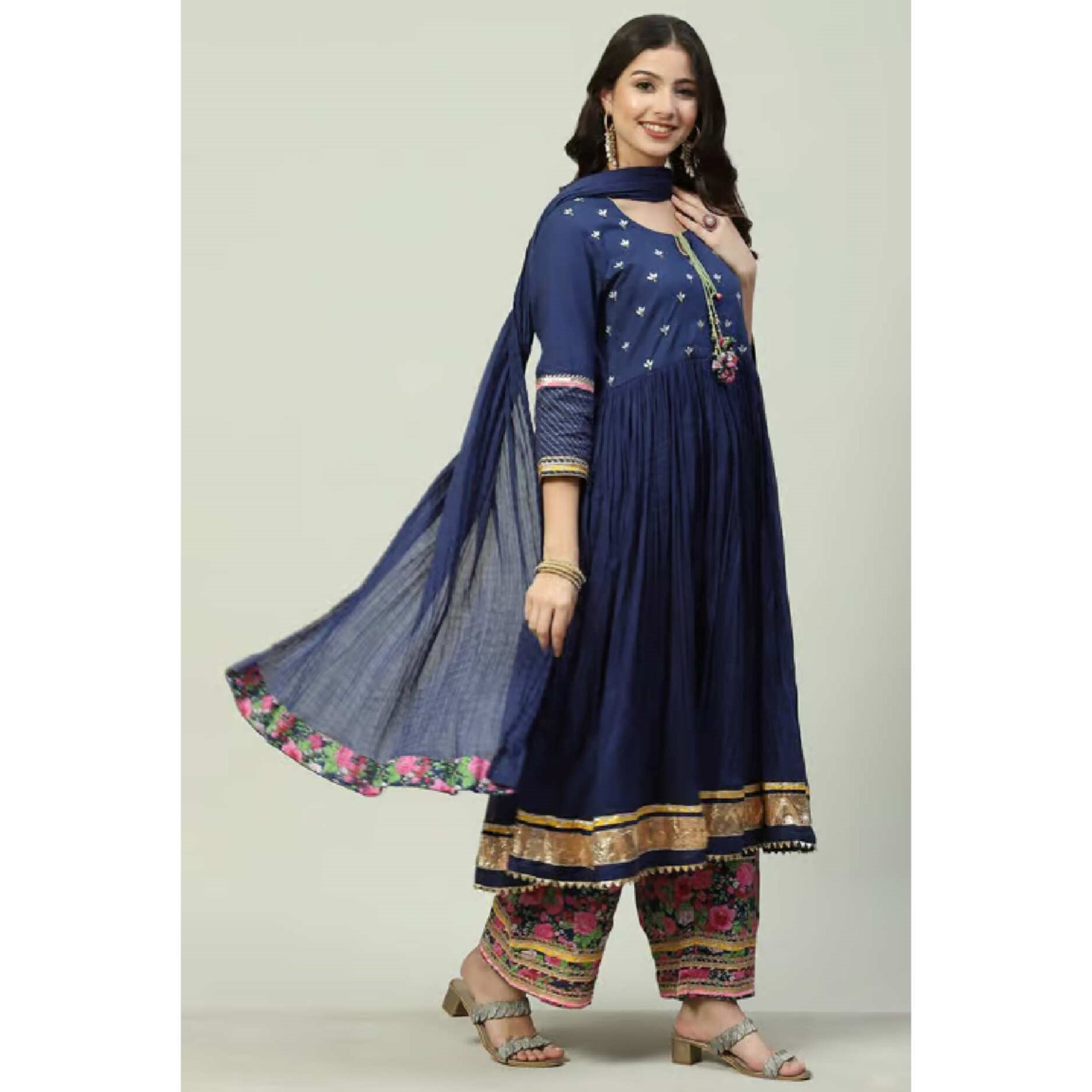 Blue Cotton Anarkali Kurta Palazzo Suit Set Blue Cotton Anarkali Suit Set