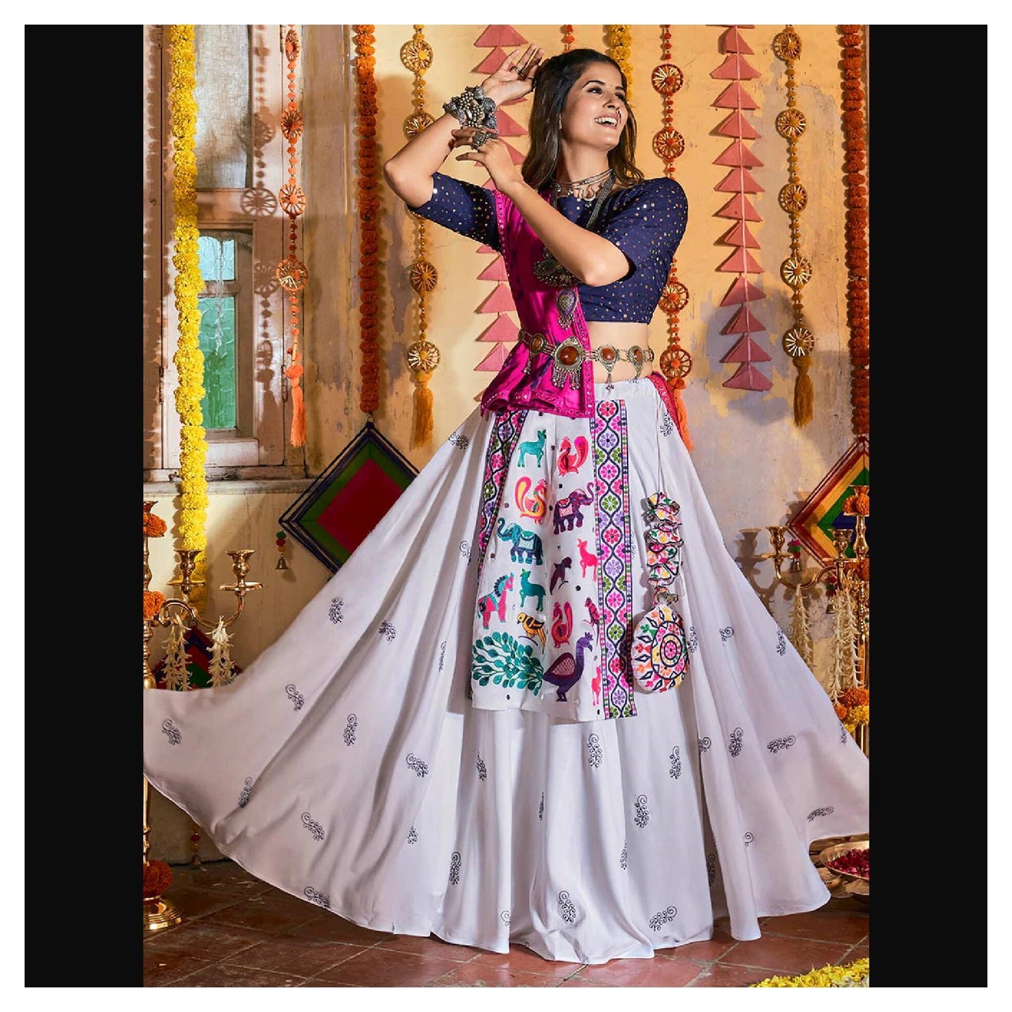 Women's White and Navy blue Maslin Cotton Embroidered Navratri Special Lehenga - Myracouture Navratri Special- Semi-Stitched