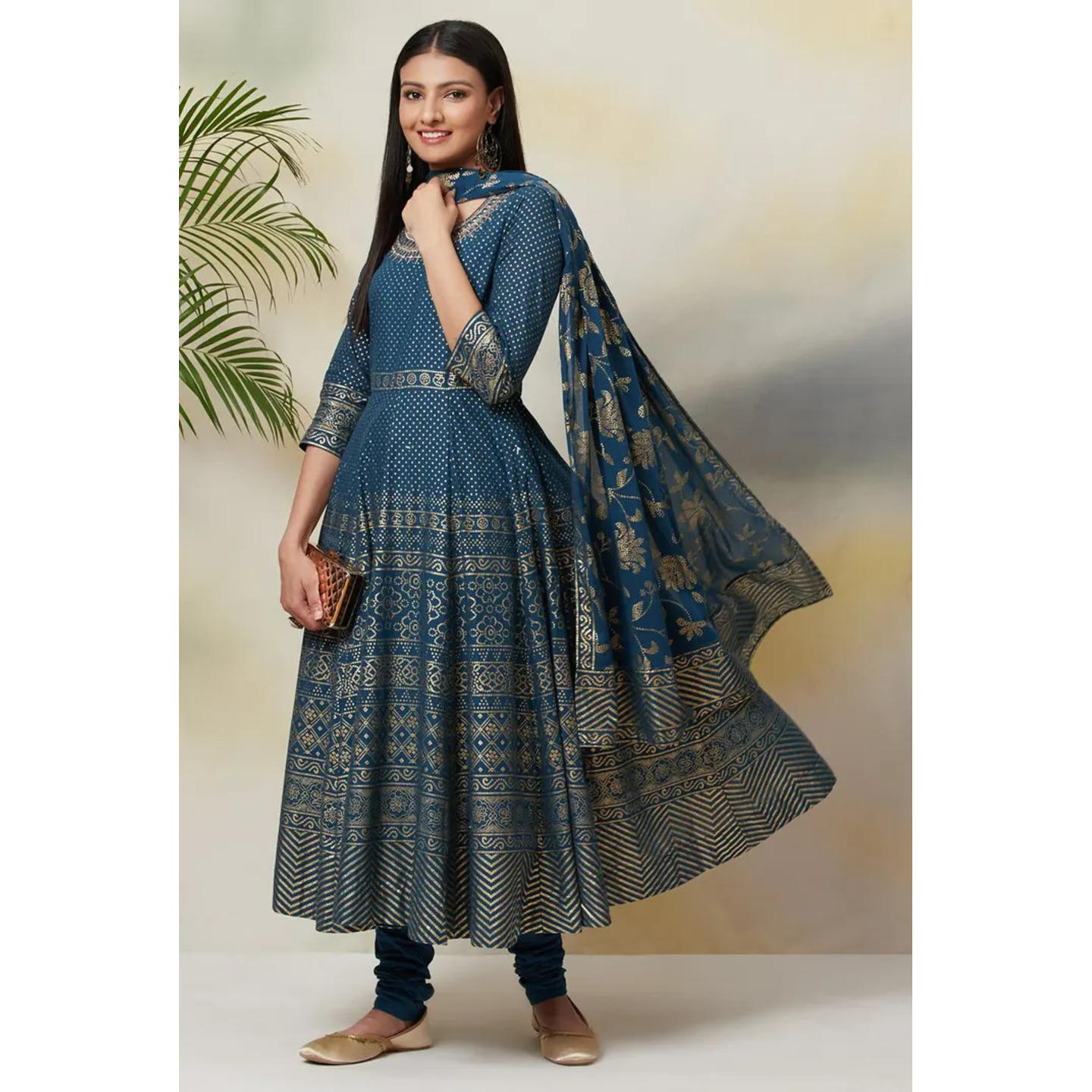 Blue Cotton Anarkali Suit Set