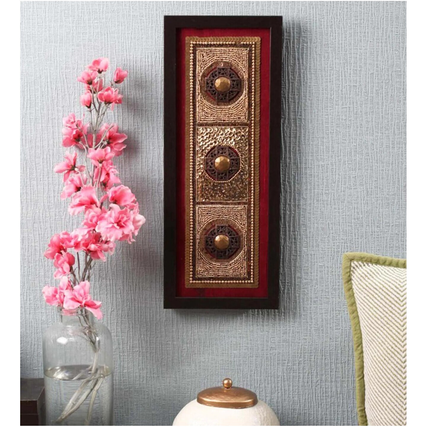 Red & Brown Beads Raw Silk Framed Wall Art