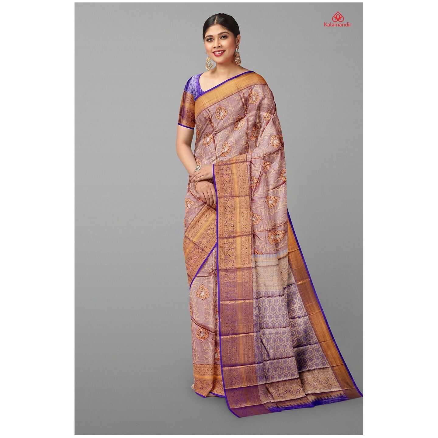 LIGHT BROWN and ROYAL BLUE FLORAL WEAVING SILK BLEND Saree with SEMI KANCHIPURAM 