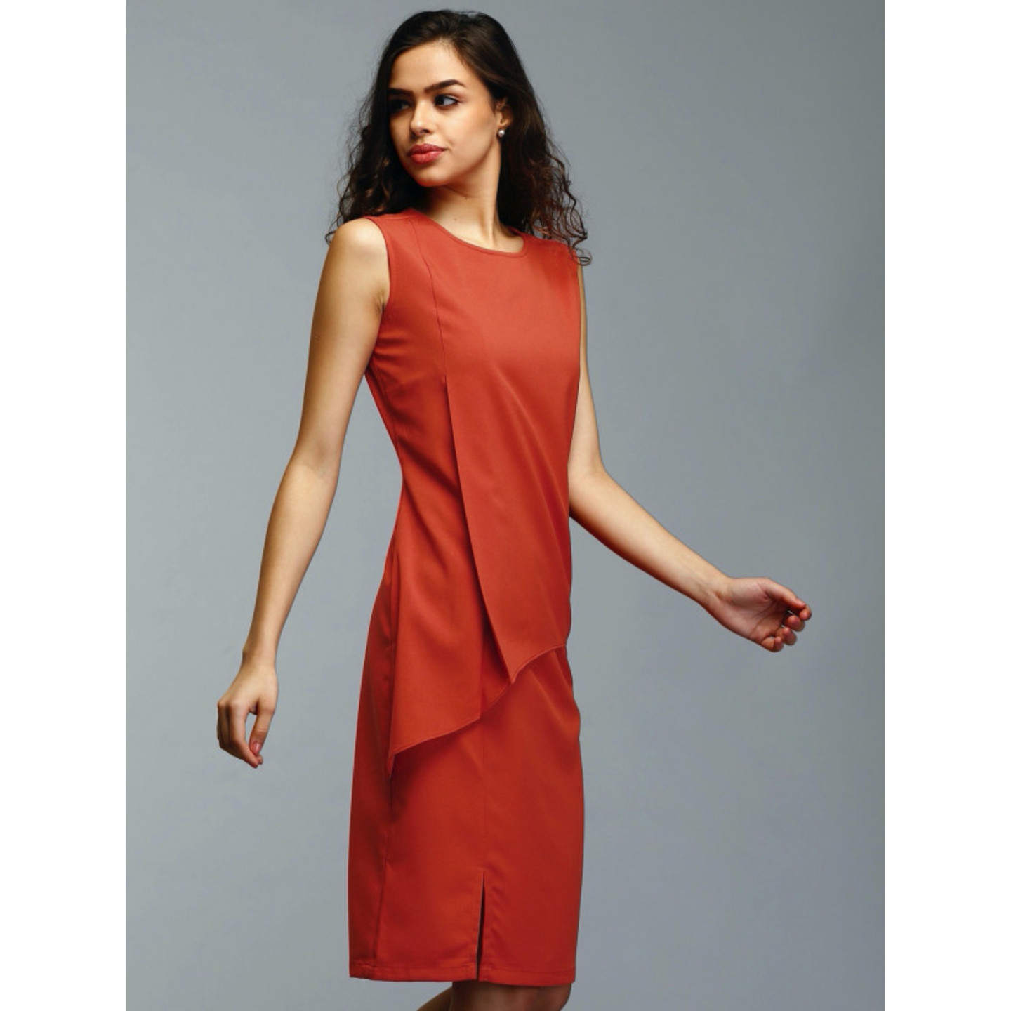 Round Neck Knee Length Shift Dress Rust