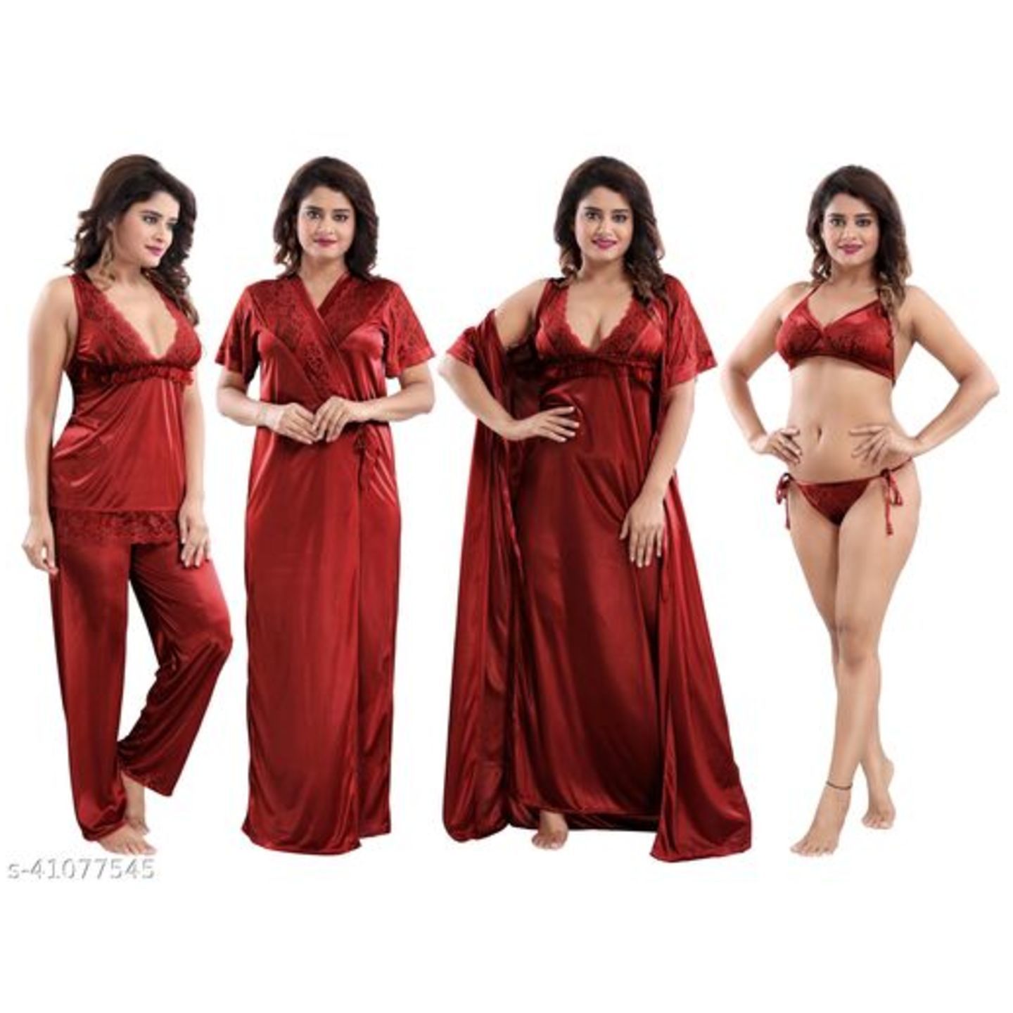 WOMENOIRE Women's Satin Nightwear Set of 6 Pcs Robe,Nighty, Top,Pyjama,Bra and Panty (Free Size)