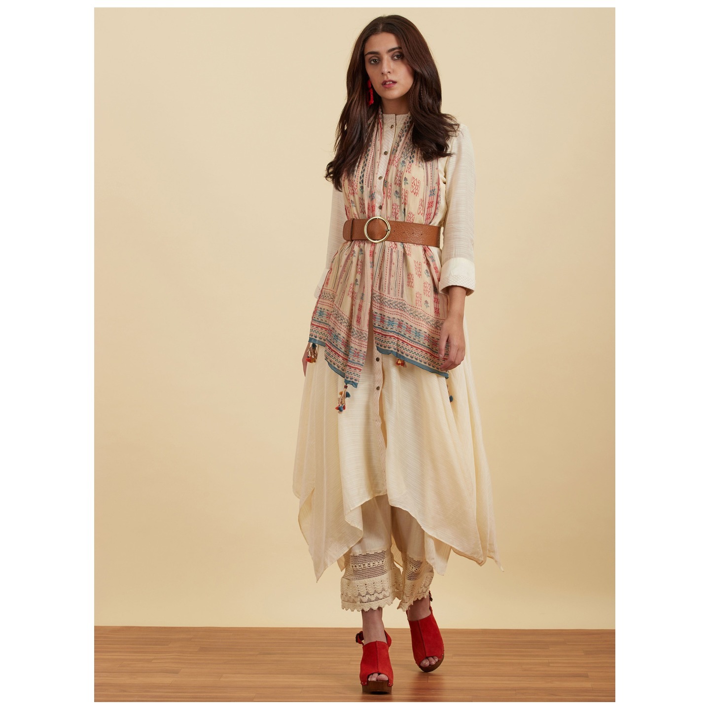 Ecru Asymmetric Kurta With Scarf