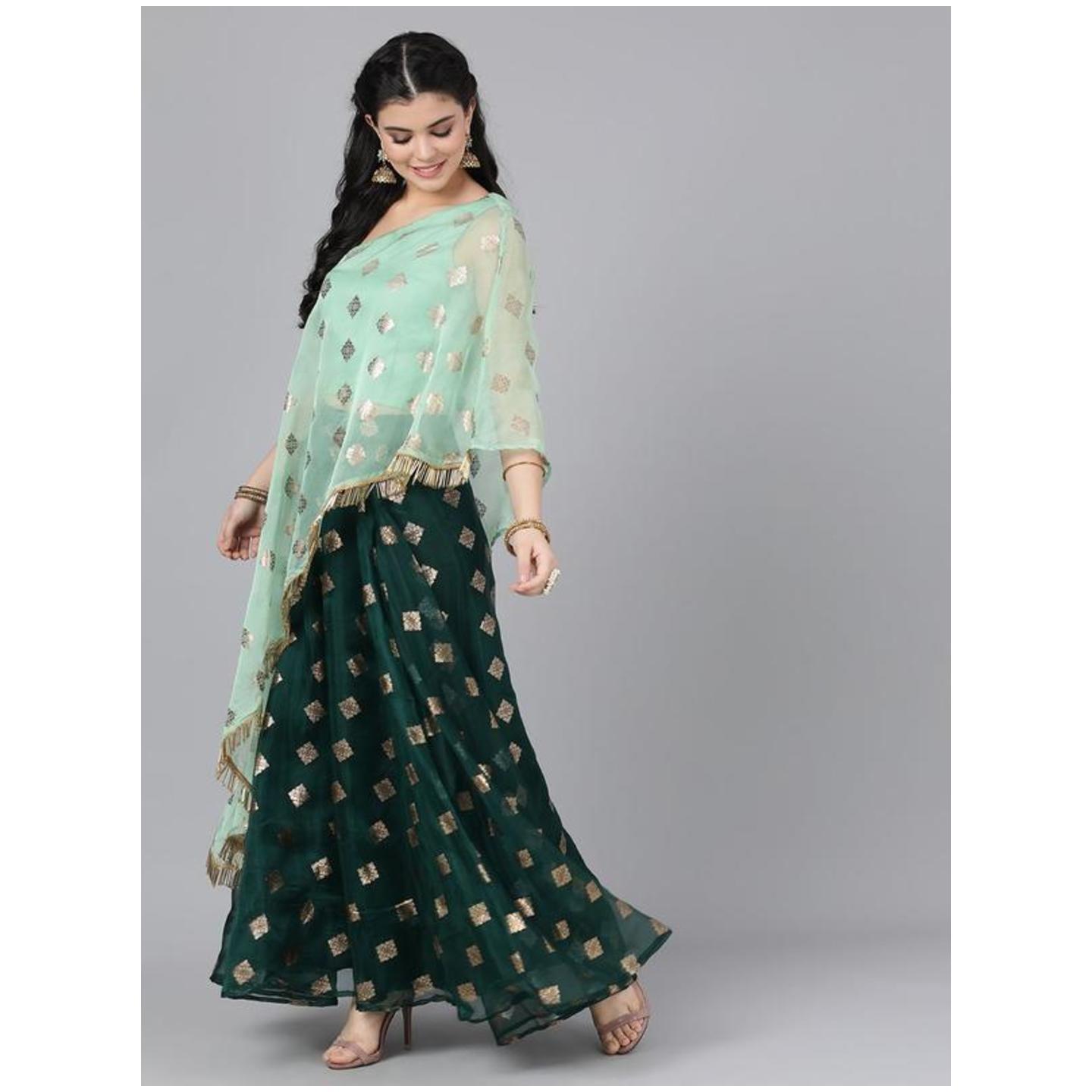 Mint And Dark Green Foil Print Organza Lehenga - AKS