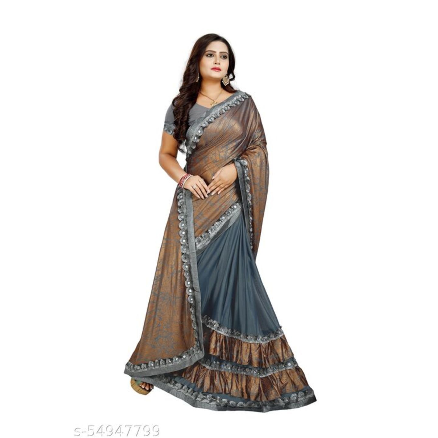 TRENDY LYCRA RUFFLE GREY COLOR SAREE FOR WOMEN