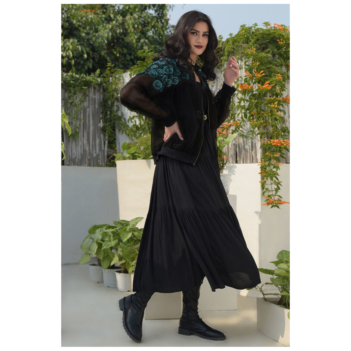     Flower Chakra Black- Blue 3D Hand Embroidered Organza Bomber Jacket