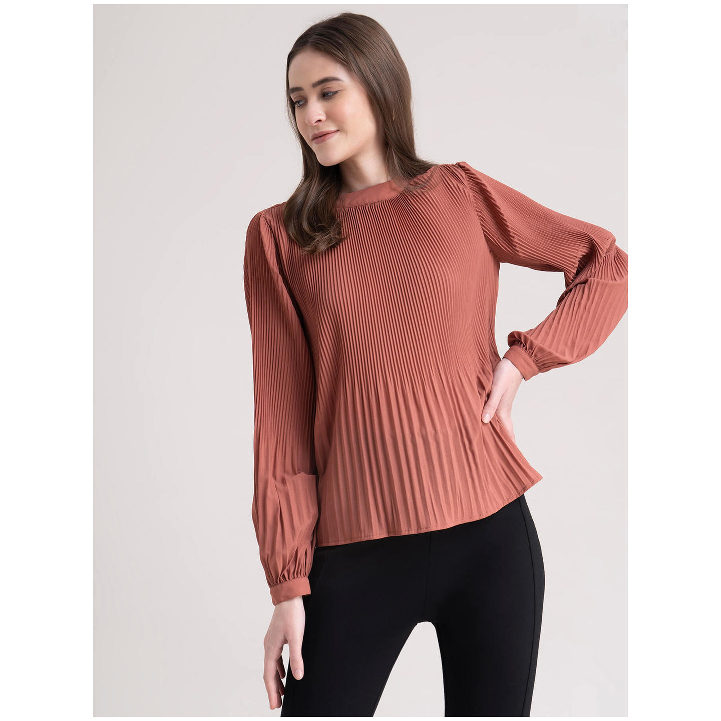 High Neck Pleated Top - Dusty Pink