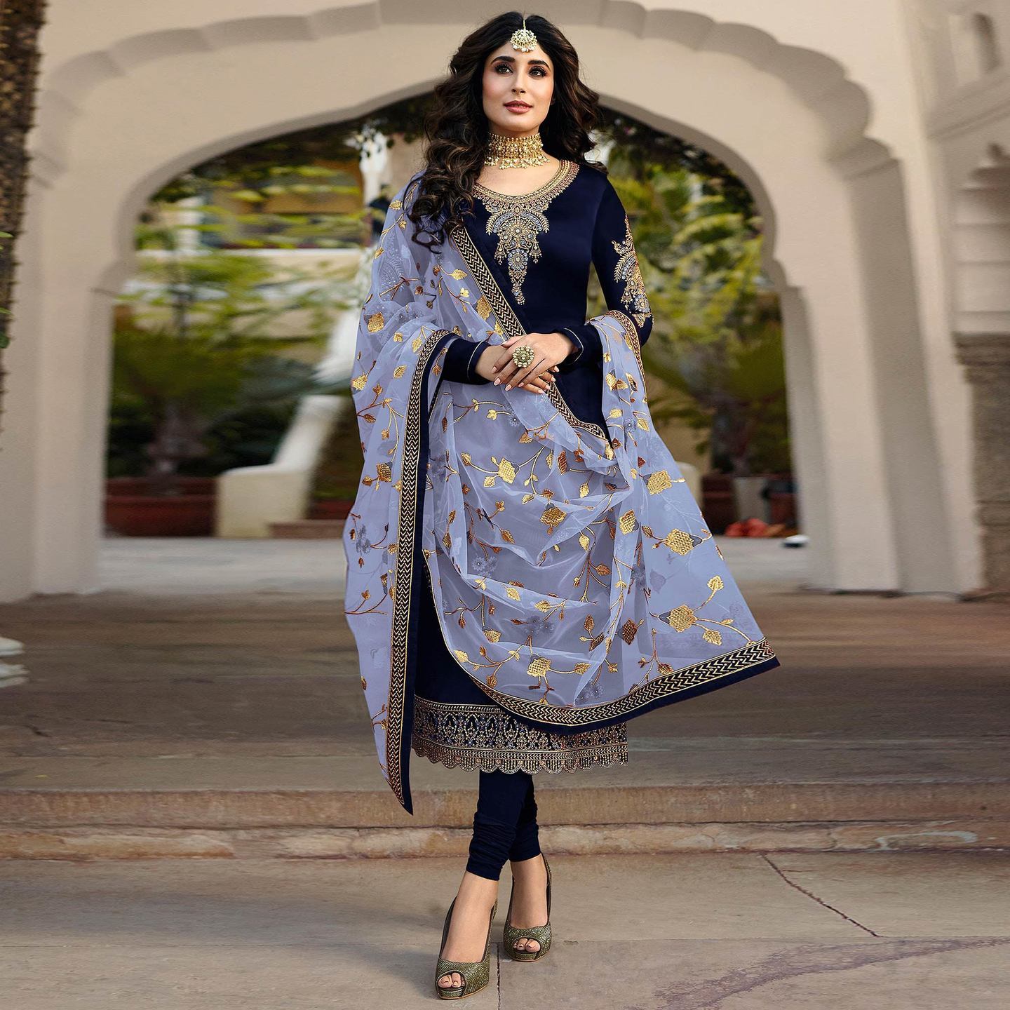 Navy Blue Embroidered Georgette Partywear Suit  Size- Semi Stitched