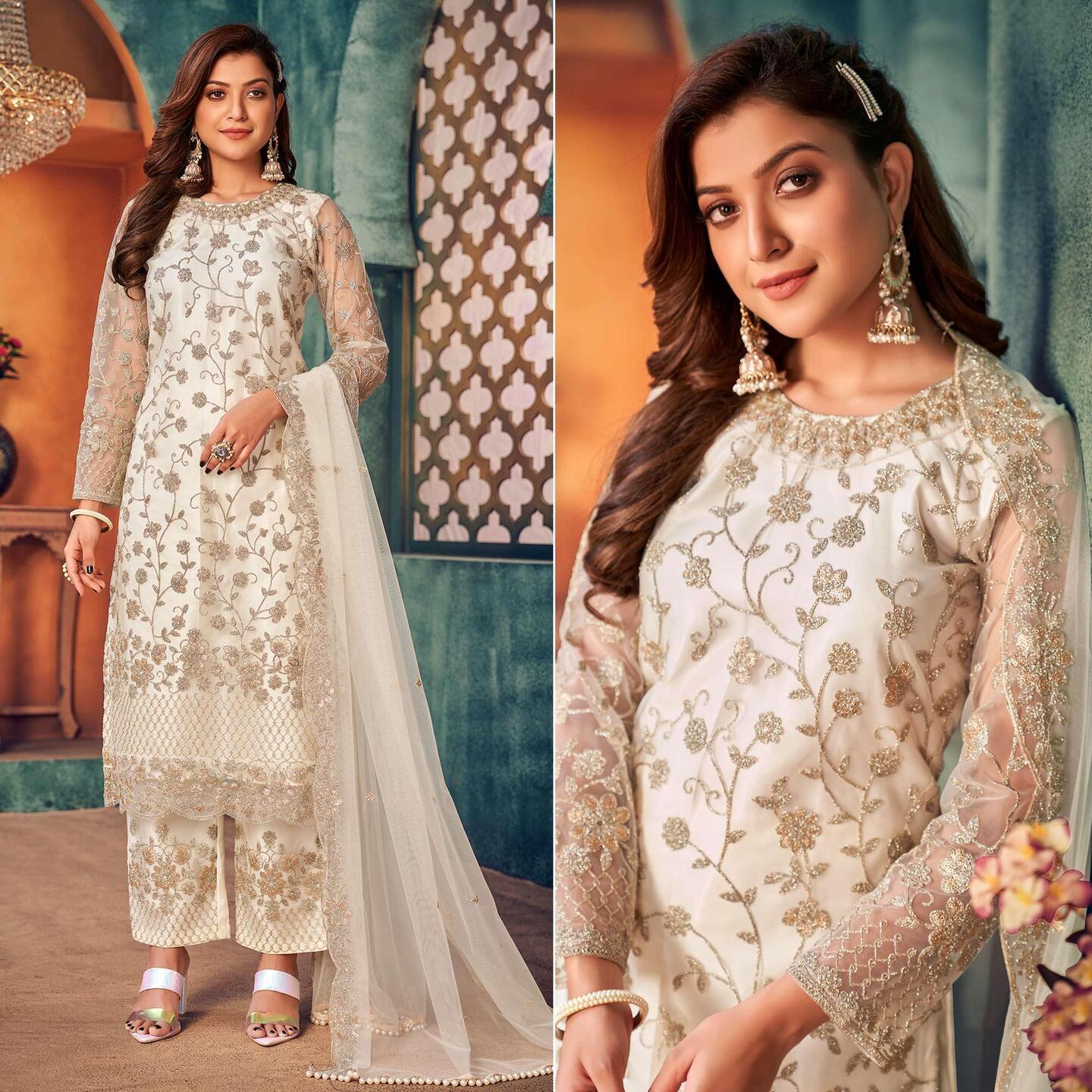 Elegant White Embroidered Netted Pakistani Suit 