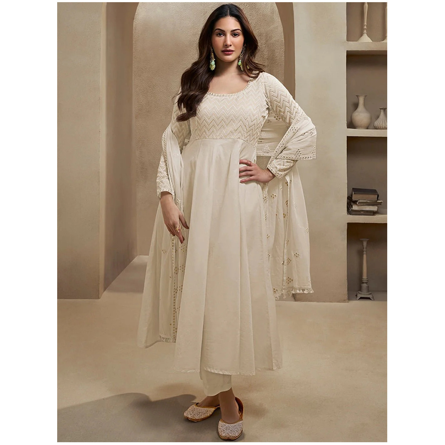 Amyra Dastur Off-white Sequinned Embroidered Empire Thread Work Anarkali Kurta with Trousers & Dupatta 