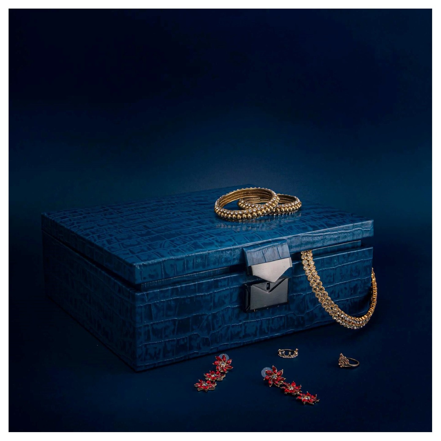 Royce Double Tray Jewellery Box Color: Croco Blue