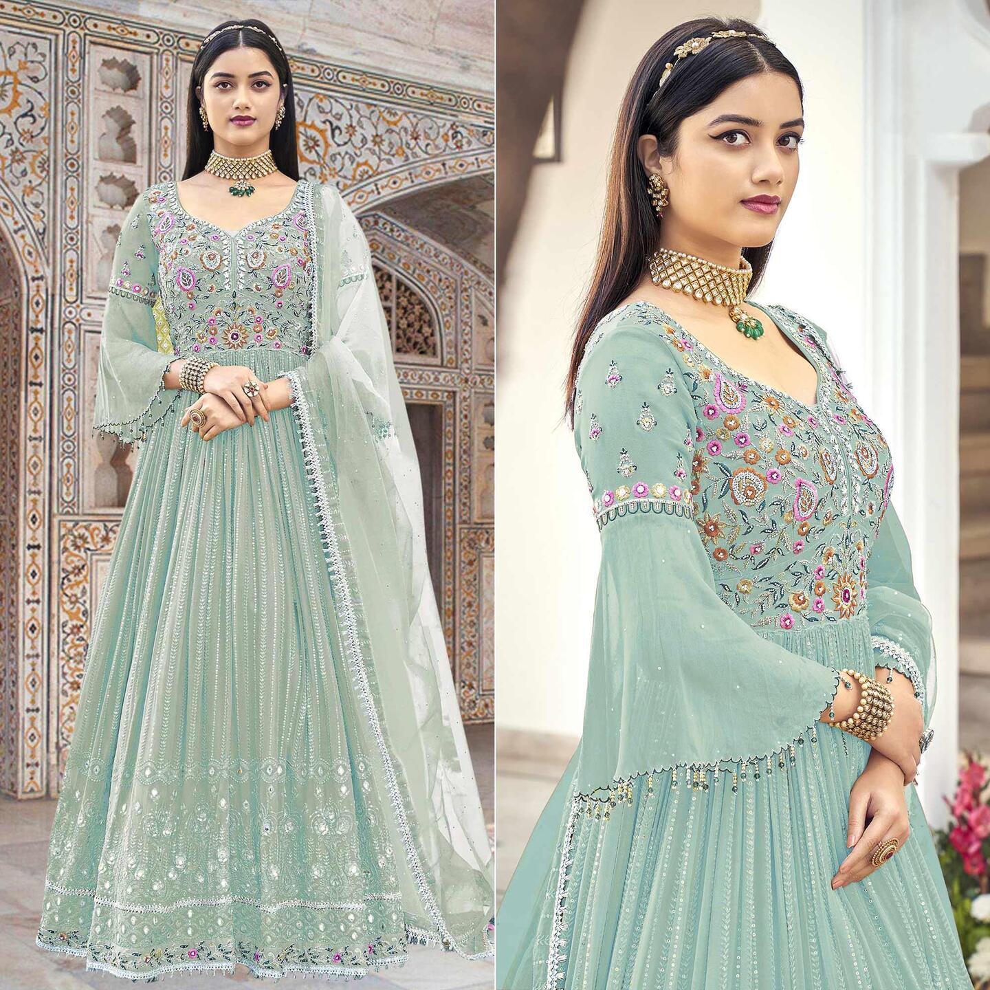 Light Blue Embroidered With Embellished Georgette Anarkali Style Gown Size- Semi Stitched