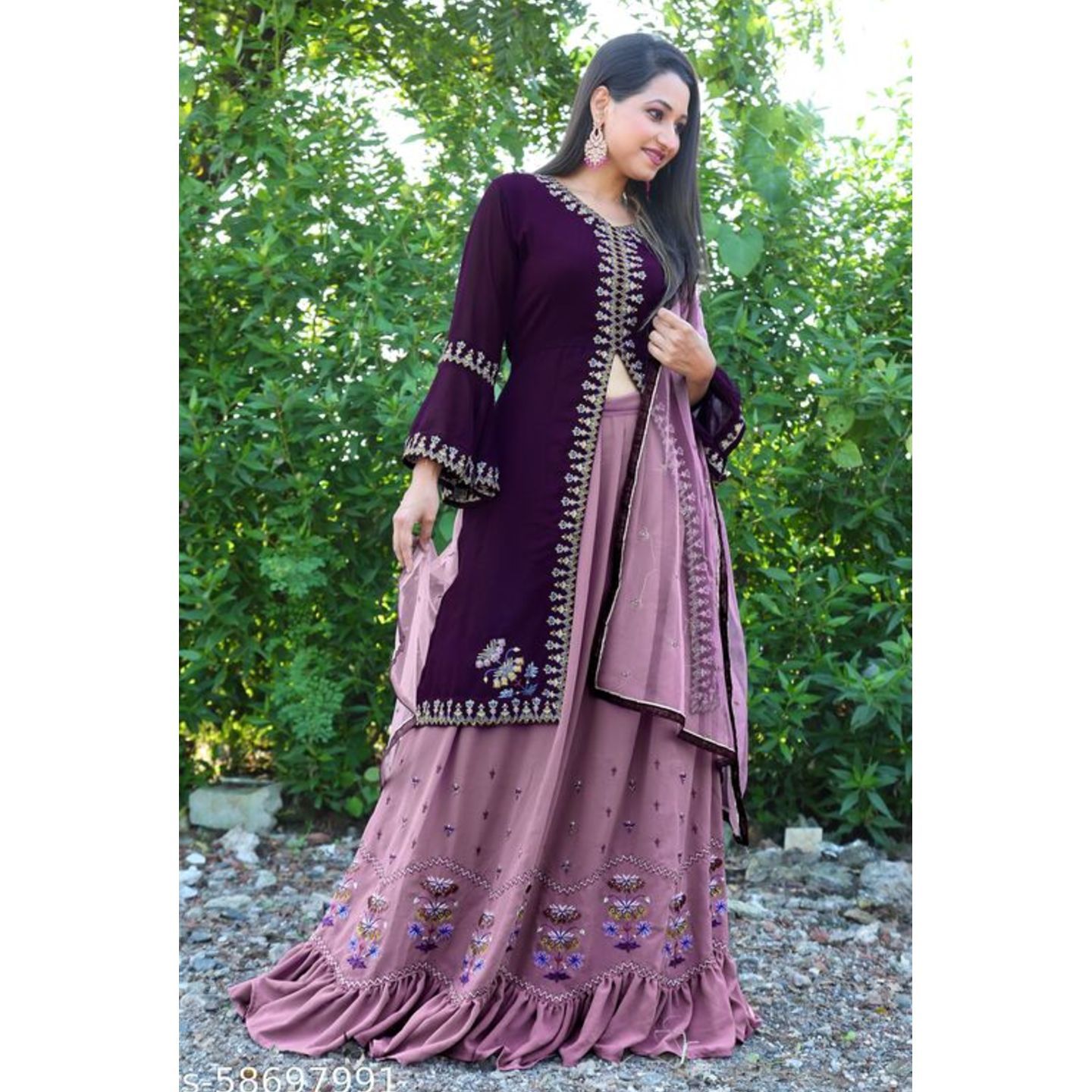 Miss Ethnic Women's Full Stitched Embroidered Purple Faux Georgette Top and Lehengha with Santoon Inner and Net Dupatta Full Flared Lehenga Choli Suits
