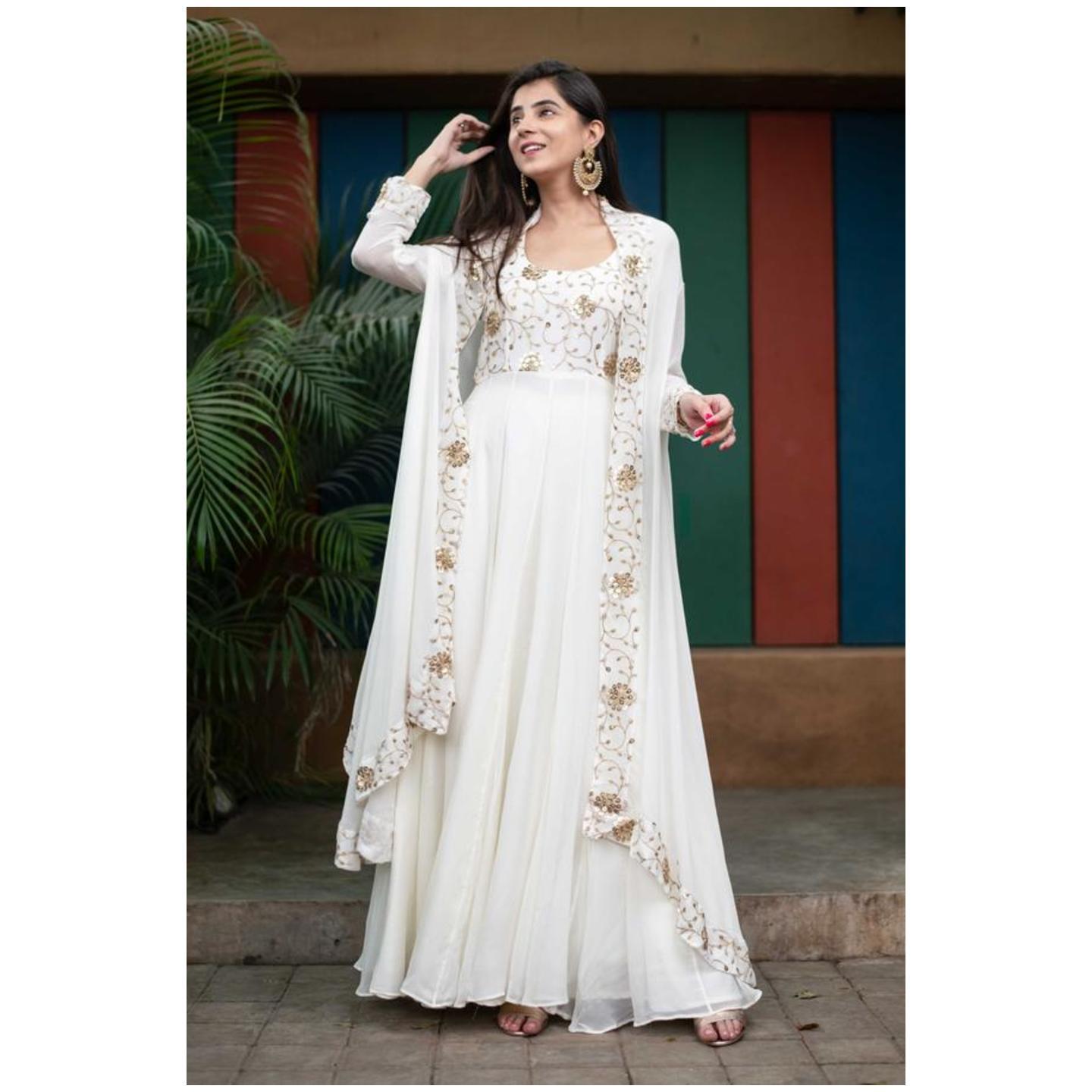 Women's Off White Jacket Gown With Sequin And Zari Work ( Set Of 2) 