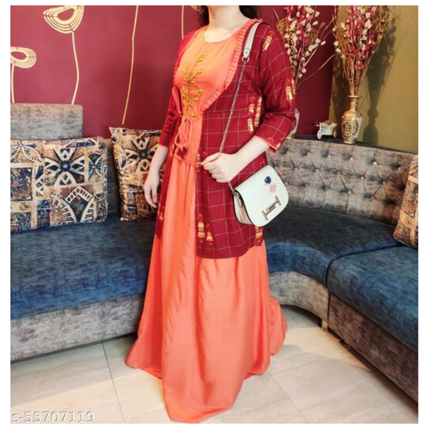 Designer Orange Embroidered Croptop and skirt with Maroon long Shrug Ethnic Set