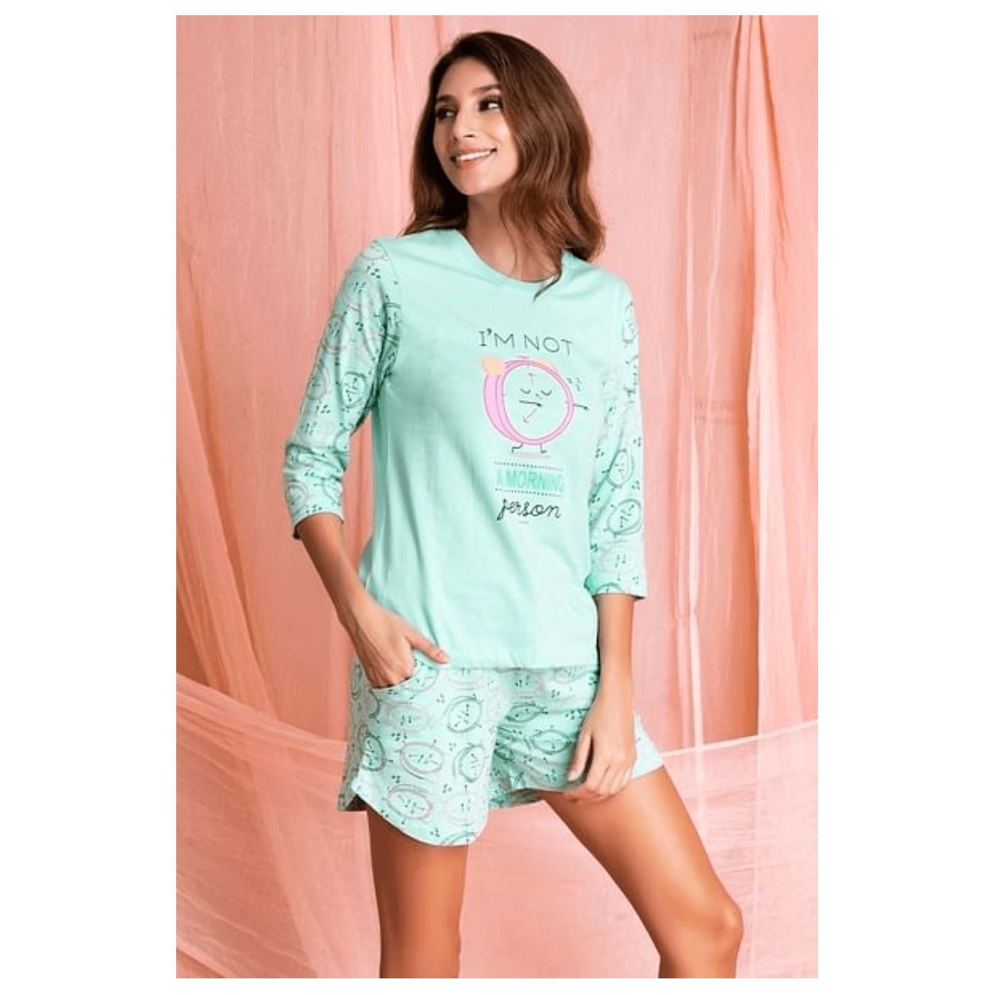 Alarm Clock & Text Print Sleep Top & Shorts Set in Mint Green - 100% Cotton