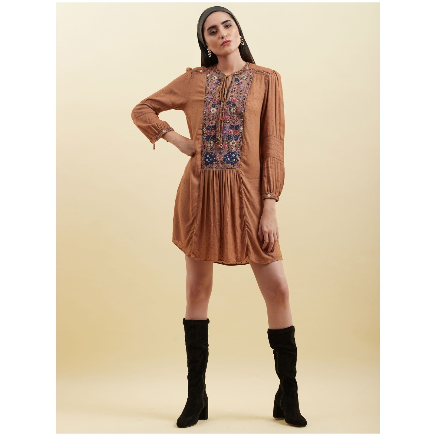 Brown Floral Embroidered Short Dress