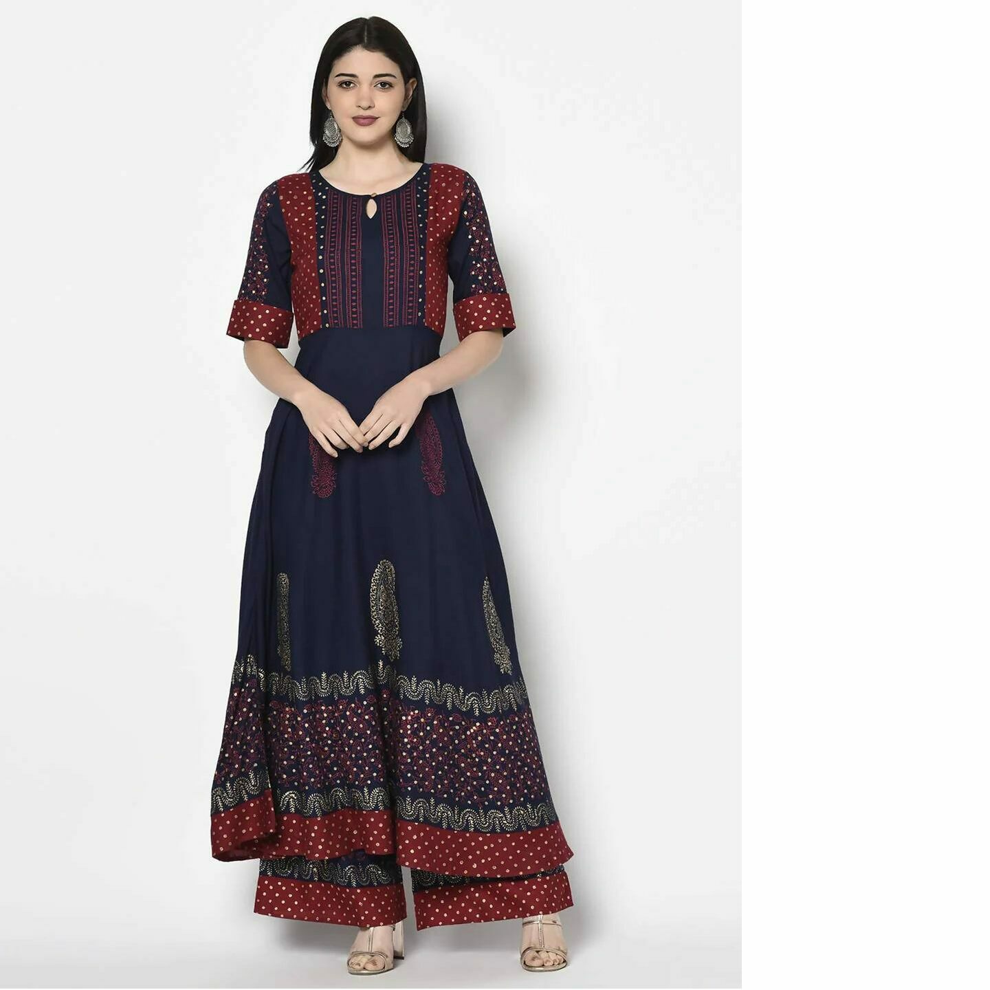 Women's Navy Blue Rayon Block print Anarkali palazzo set - Aniyah