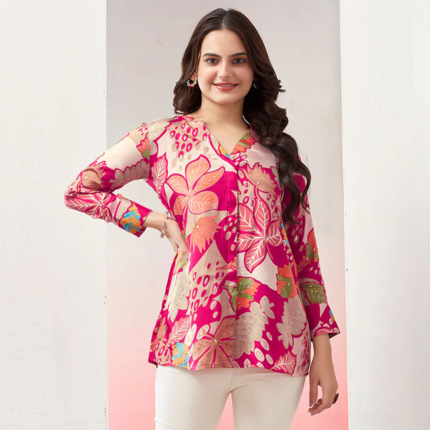 Pink  Floral Foil Printed Muslin Top 