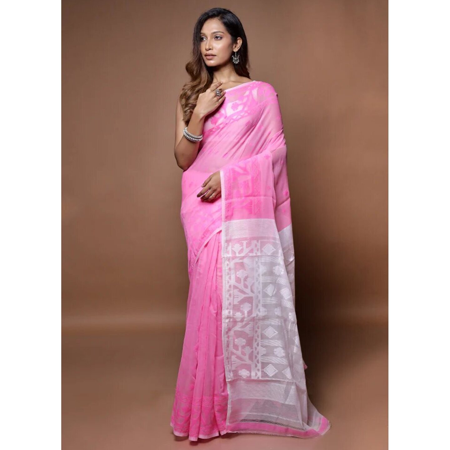 Pink Tant Jamdani Saree Without Blouse Piece  