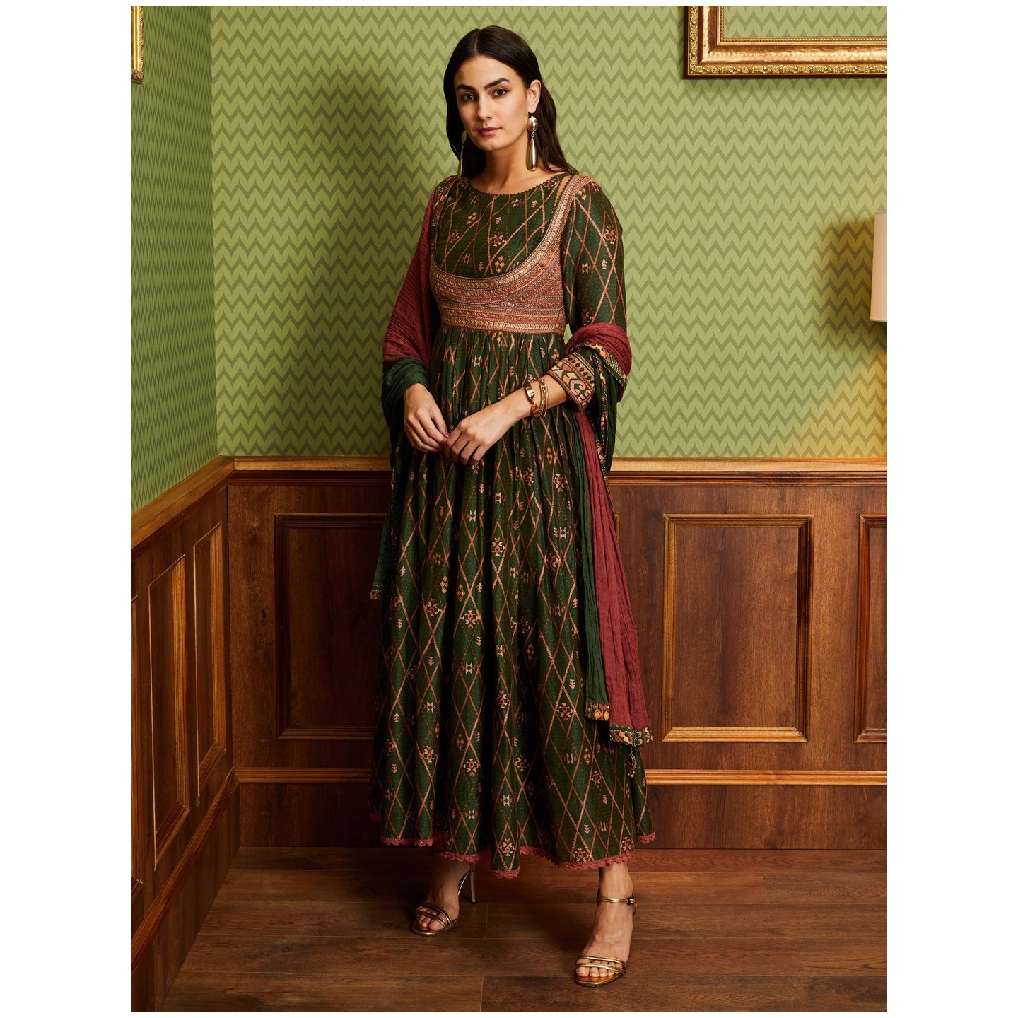 Green Printed Anarkali with Dupatta