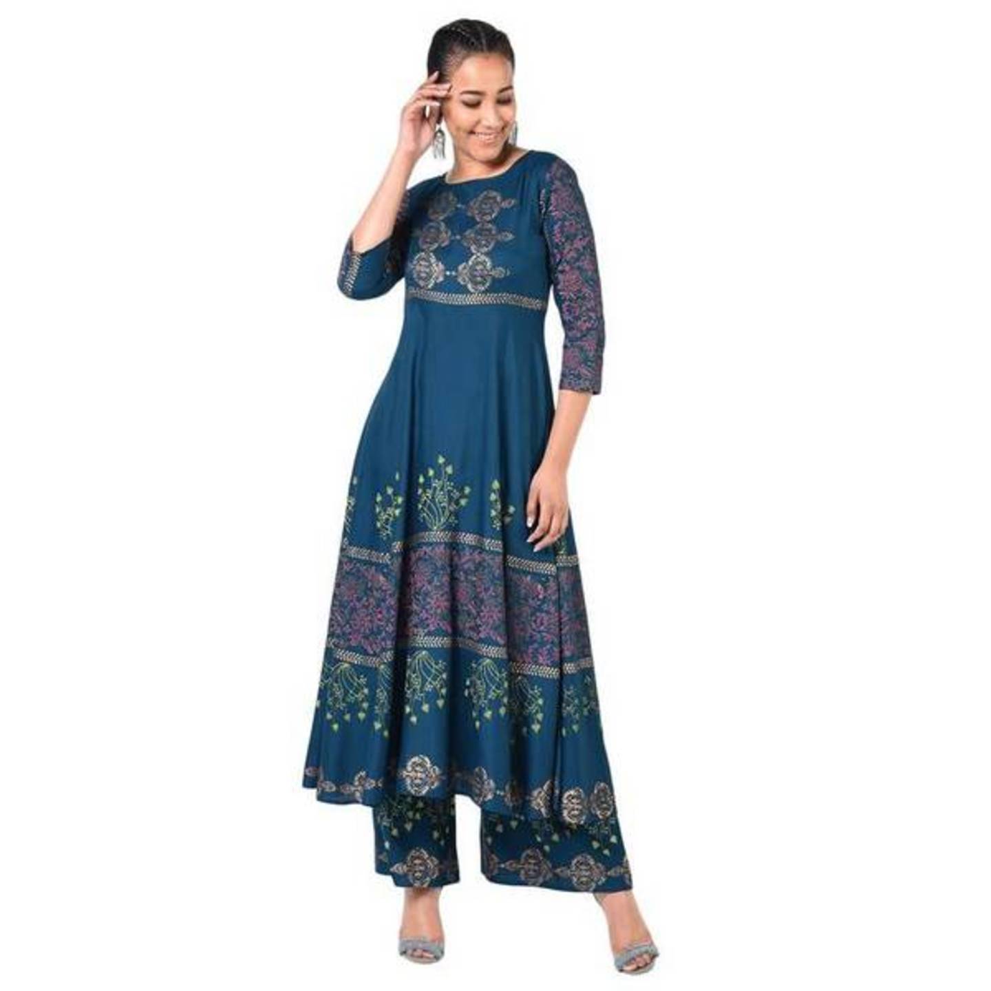 Women's Block Print Anarkali Flared Kurta and palazzo set