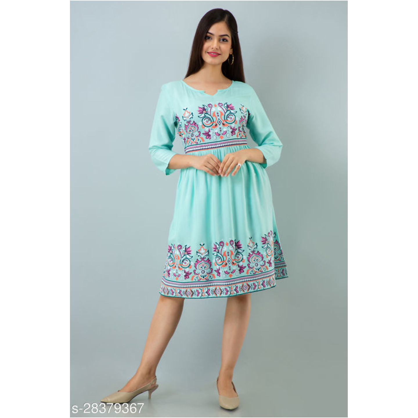 Mint Green Printed Knee Length Casual Dress