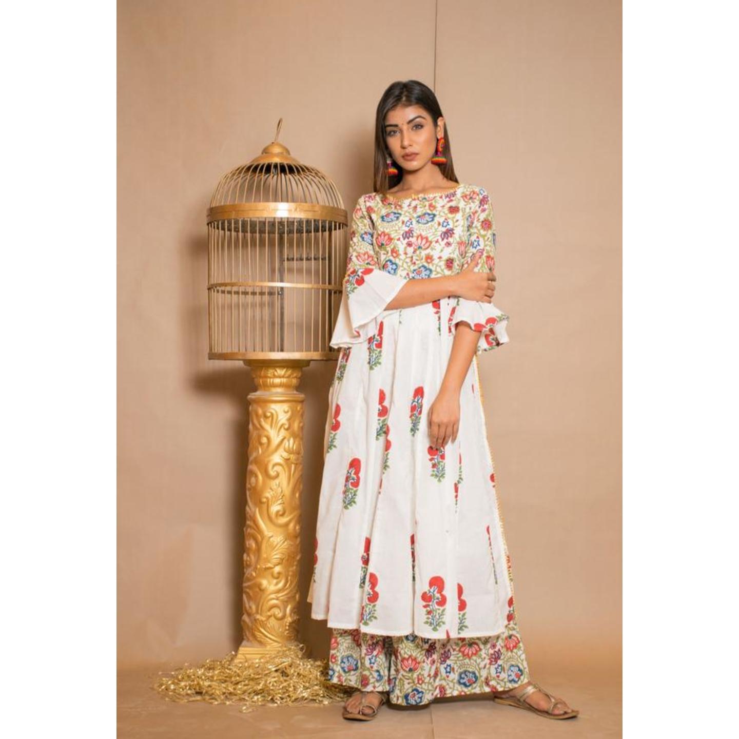 Women's White Multicolour Floral Anarkali Kurta Palazzo Set- Choki Bandhani