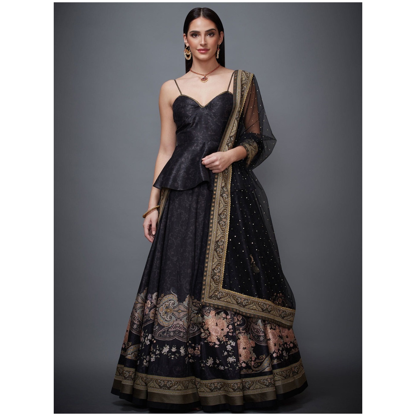 Black & Sap Green Floral Print Amana Lehenga Set