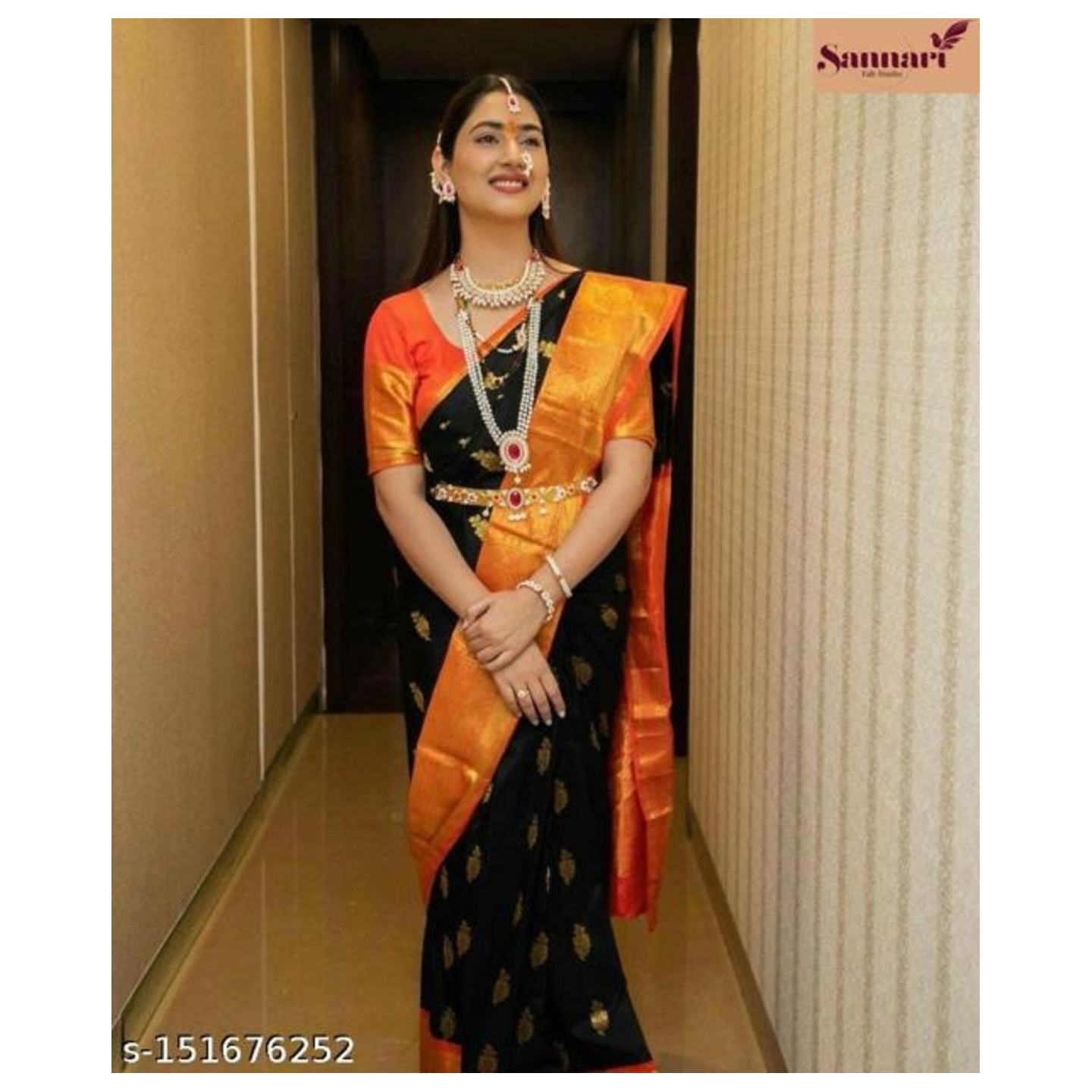 Fashionable Black- Orange Banarasi Sarees*