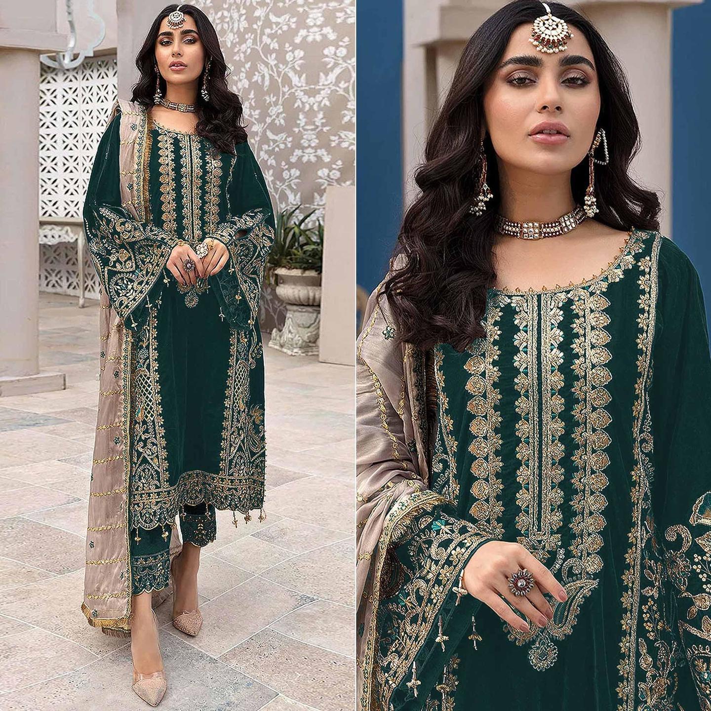 Green Embroidered Georgette Pakistani Suit Size-Free Size- Semi-Stitched