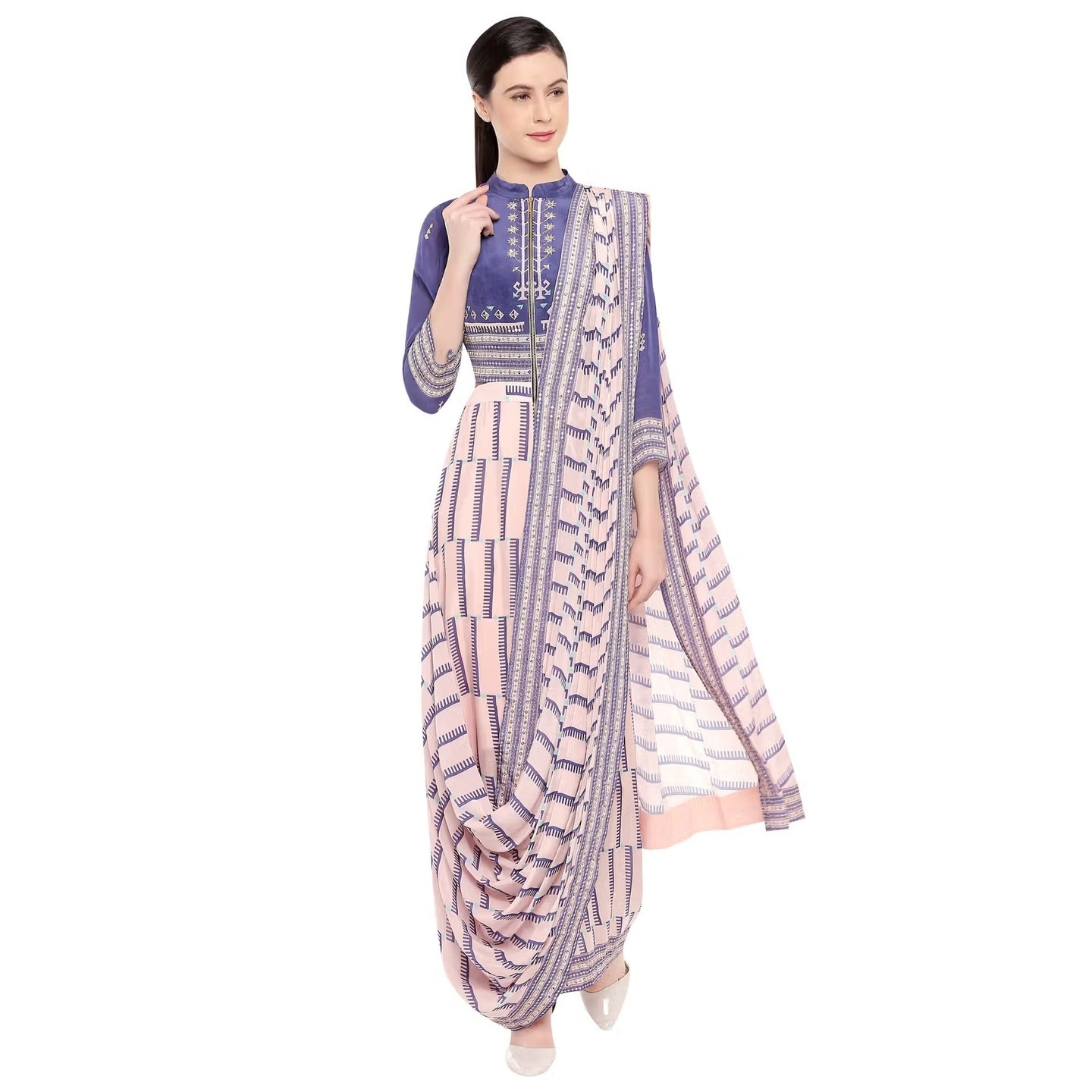 Soup by Sougat Paul Blue Crepe Printed Pre-draped Saree Gown