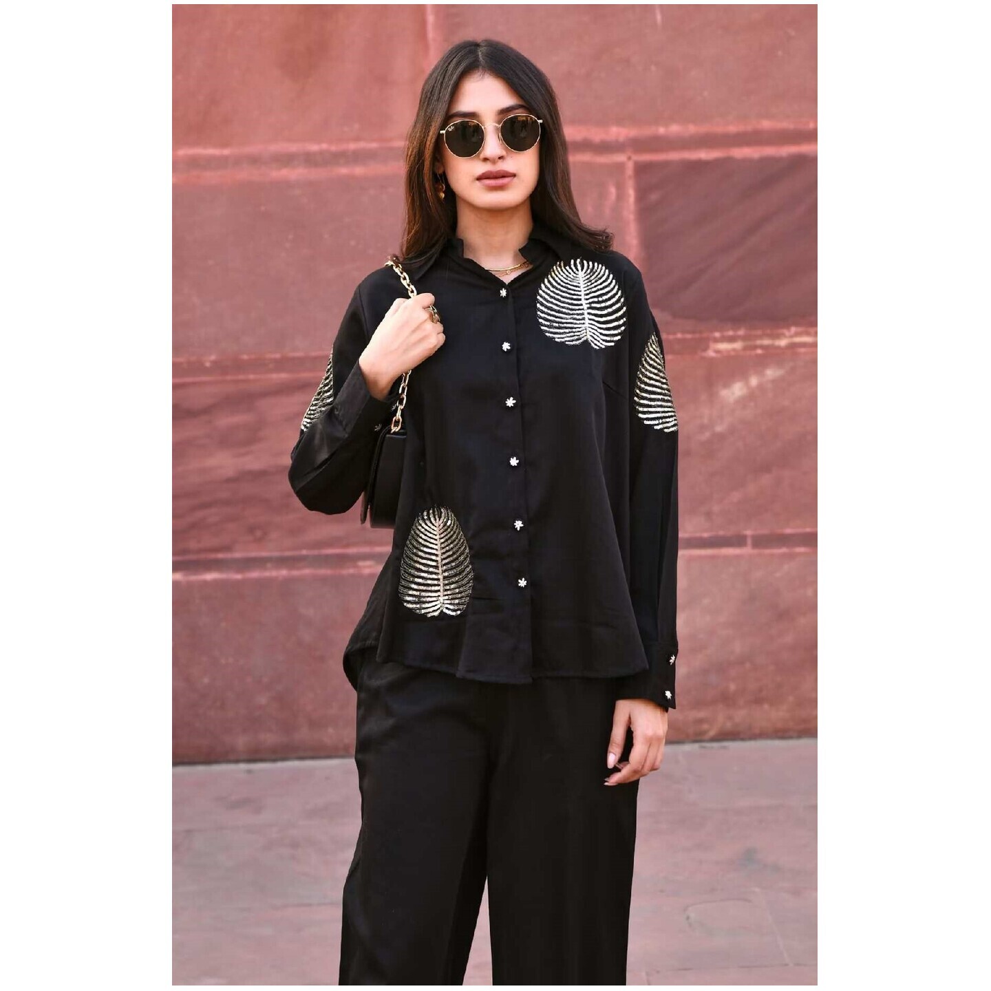 GULAAL  Black 100% Cotton Hand Embroidered Zari Collared Neck Shirt For Women