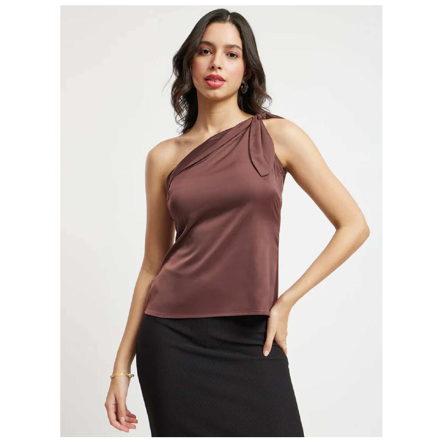 Satin Bow Tie One Shoulder Top - Brown