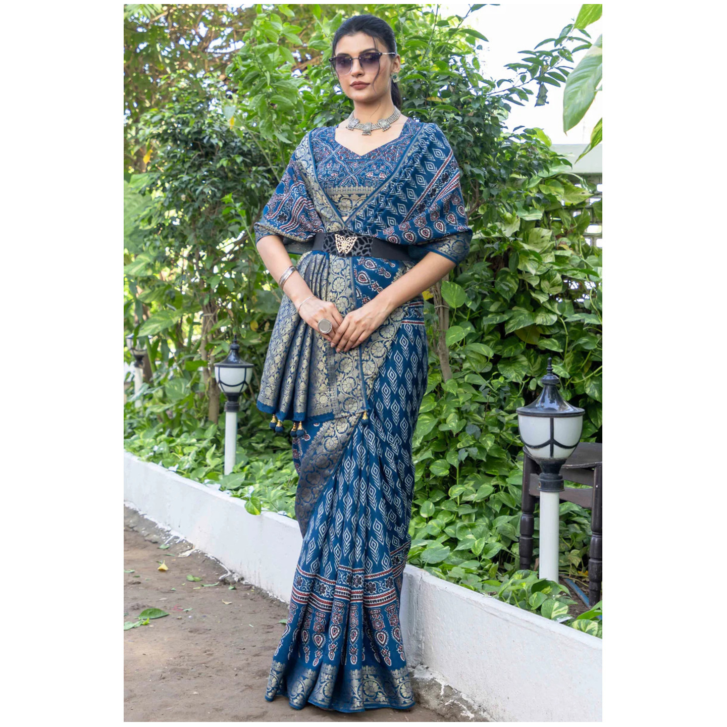 Teal Ajrakh Printed Pure Viscose Saree 