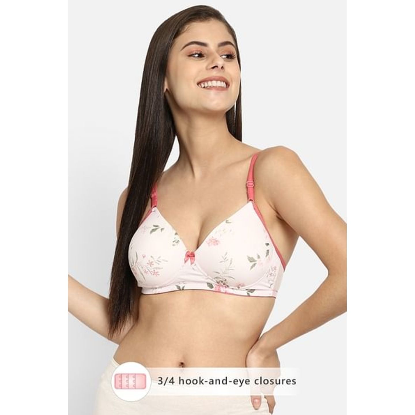 Padded Non-Wired Full Cup Floral Print T-Shirt Bra in White