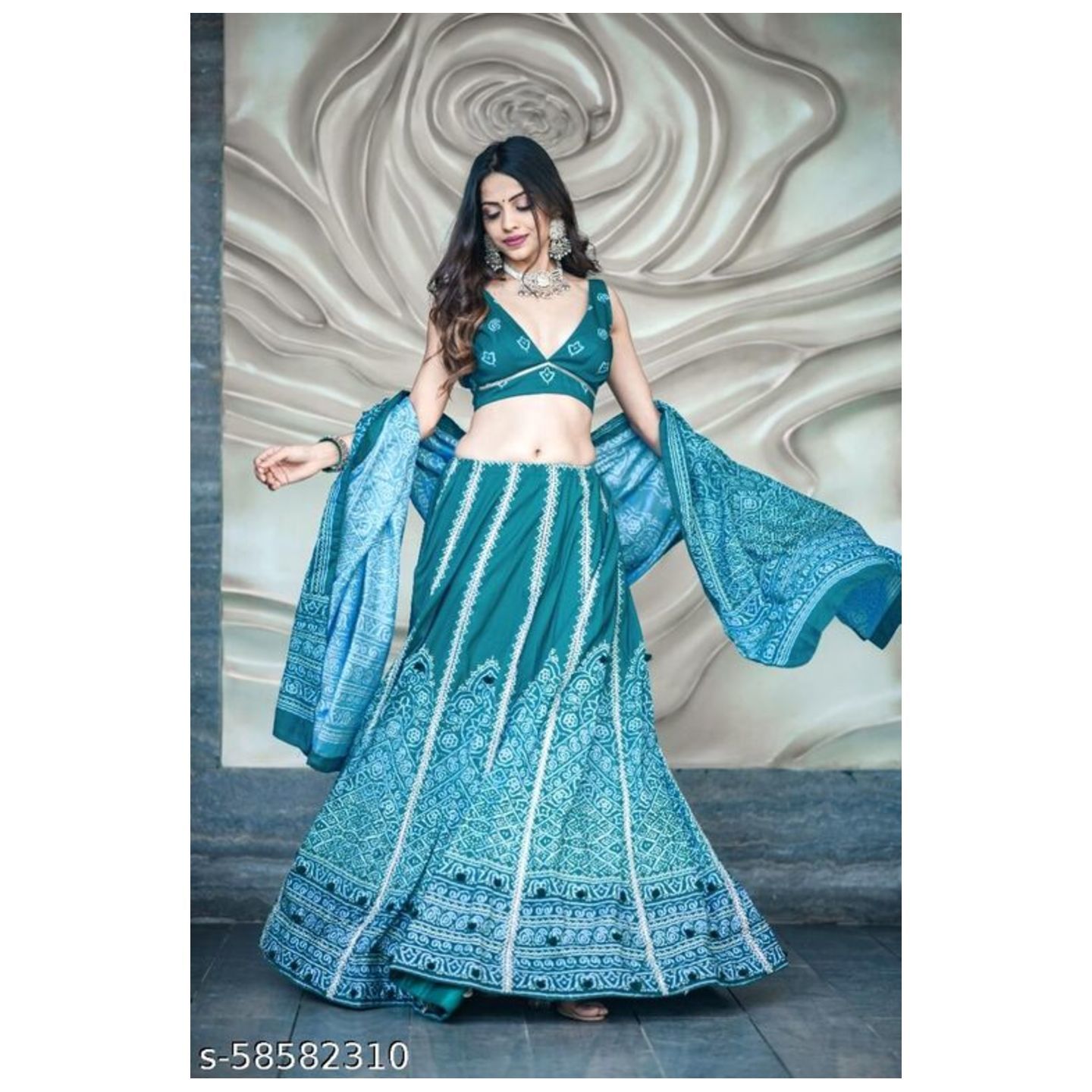 Bandhani Printed Firozi-Colored Lehenga SEMI-STITCHED