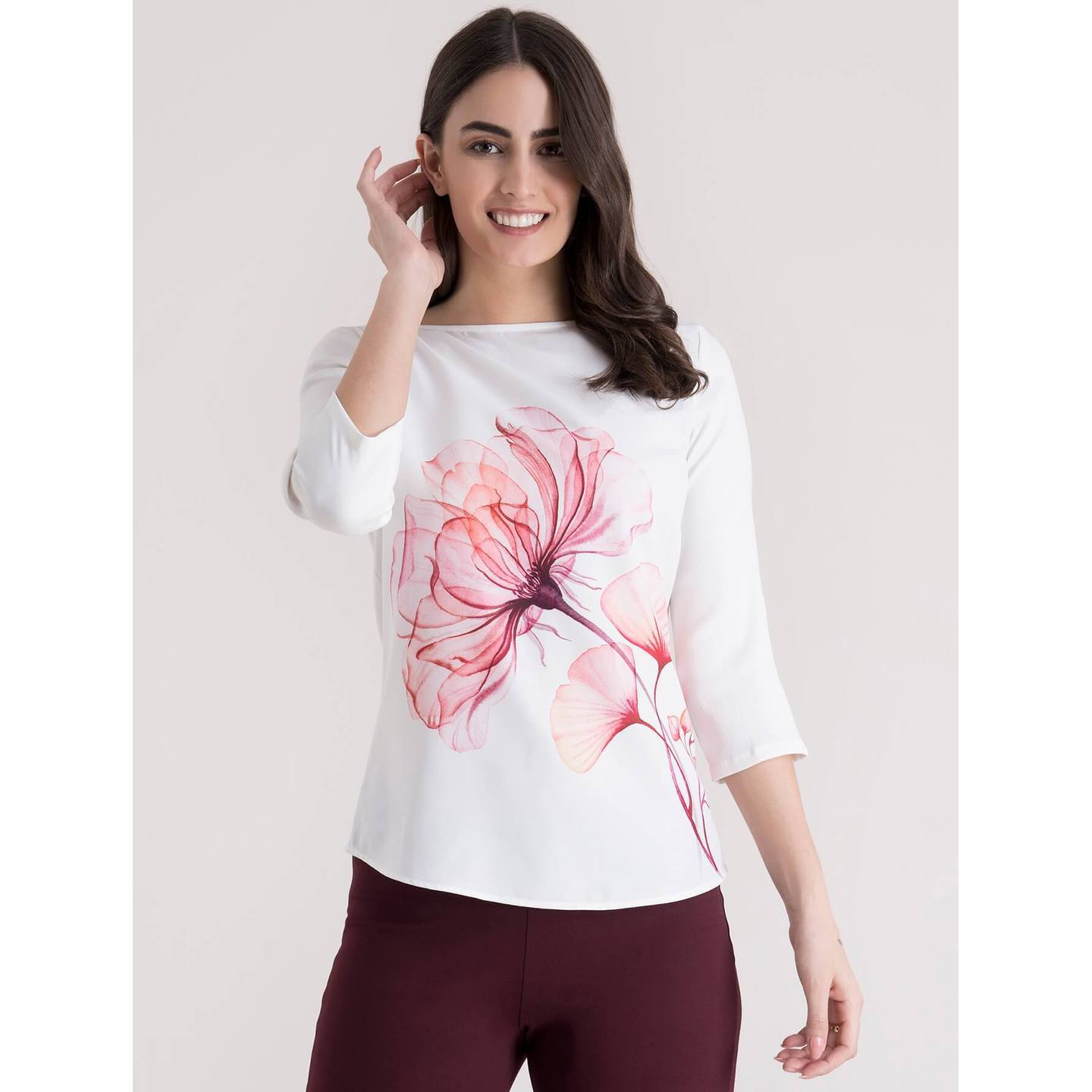 Boat Neck Placement Print Top - White and Pink