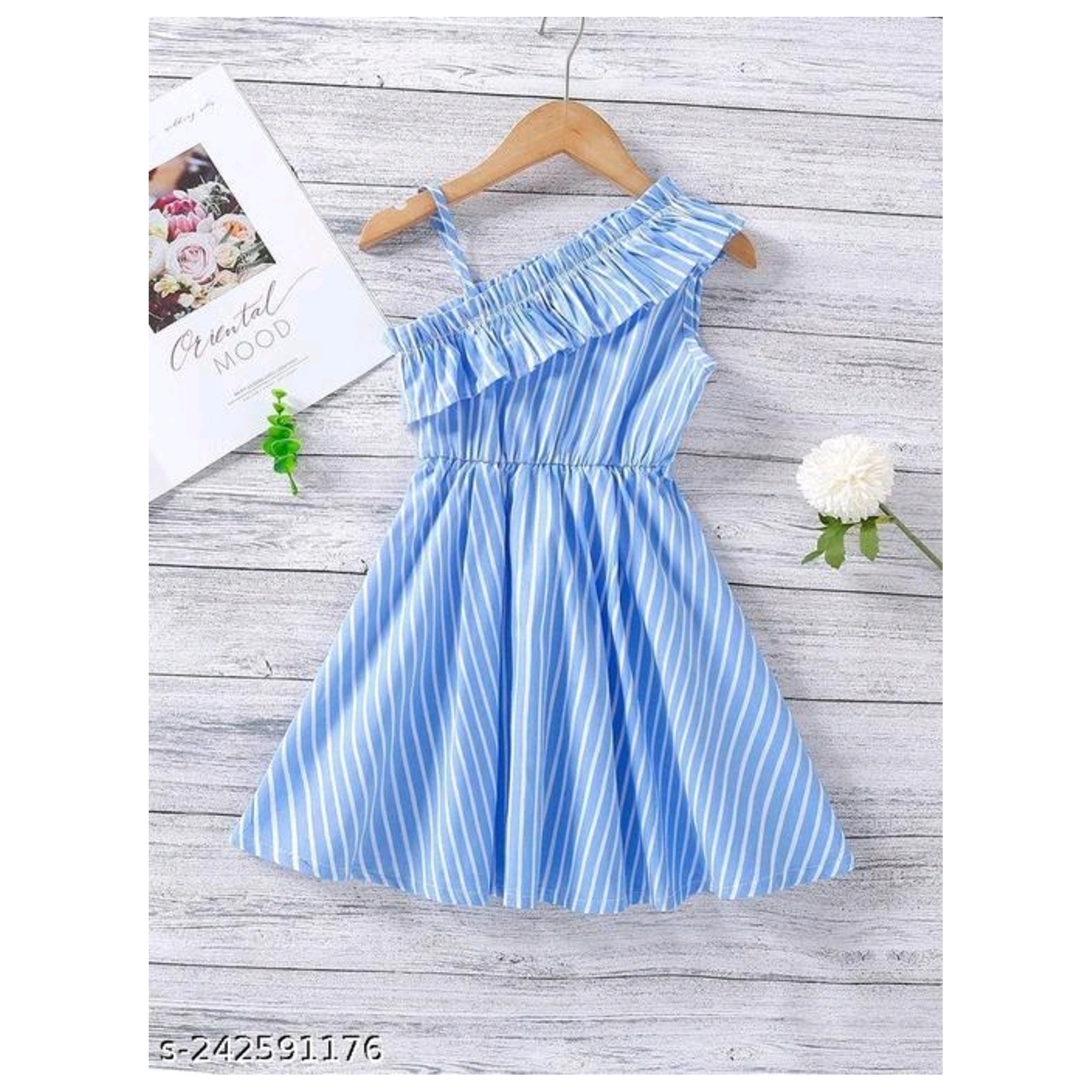 Toddler Girls' Striped Asymmetrical Neck Ruffle Trim Frock Dress  
