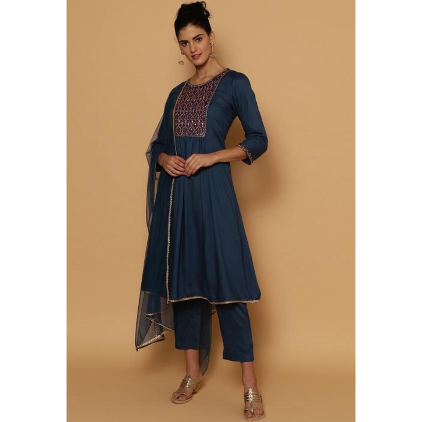 Blue Rayon Kalidar Suit Set