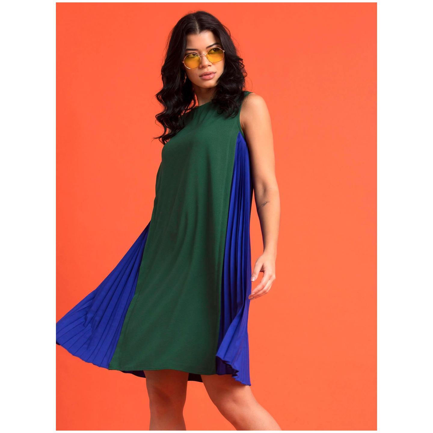 Boat Neck Color Block Dress - Green and Royal Blue