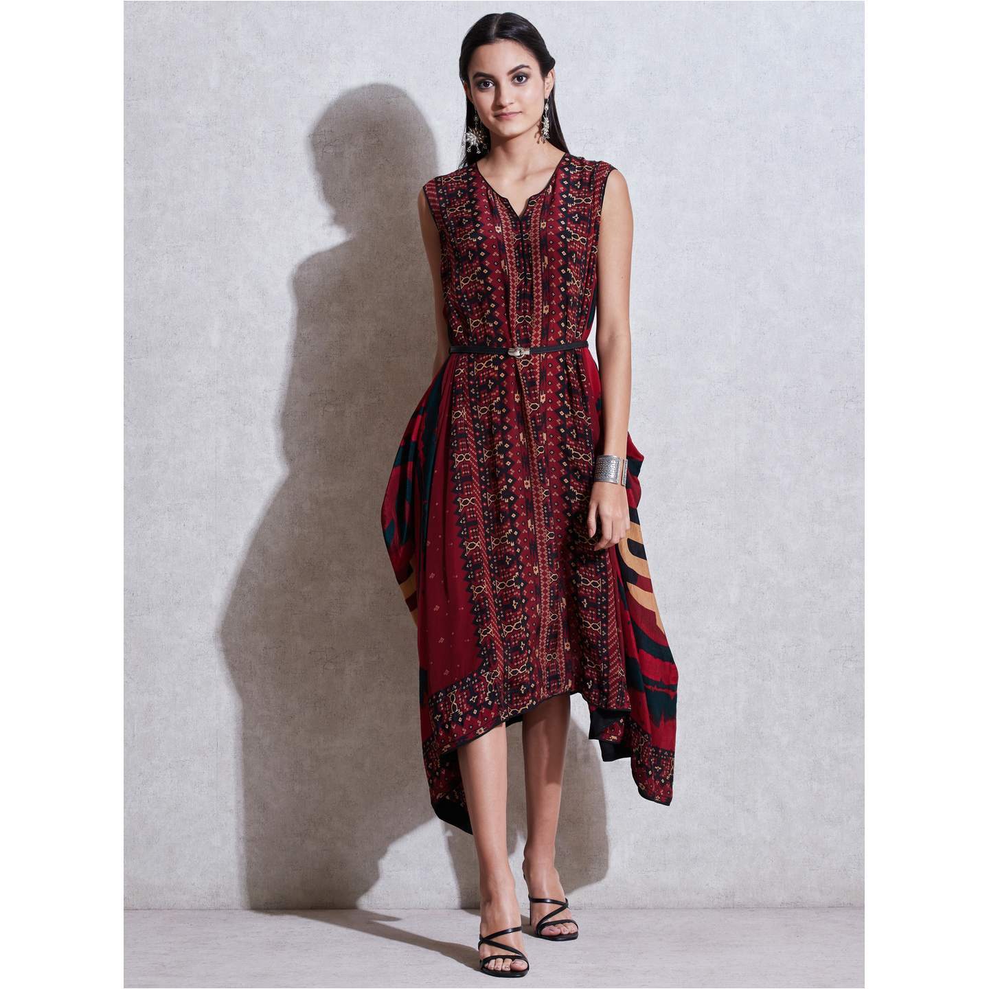 Burgundy & Black Printed Asymmetric Dress