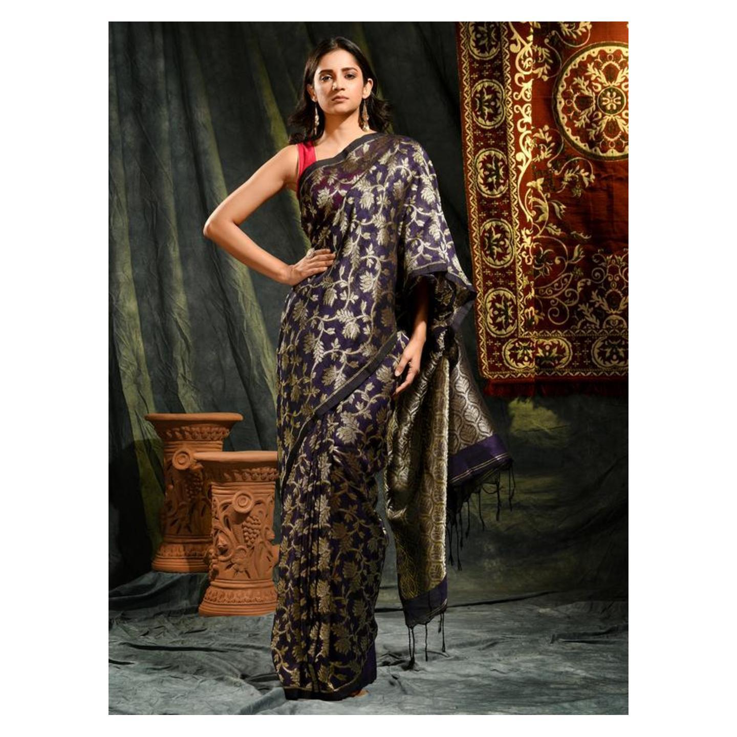 Women's Blue pure linen hand woven saree with zari - Saja Sajo