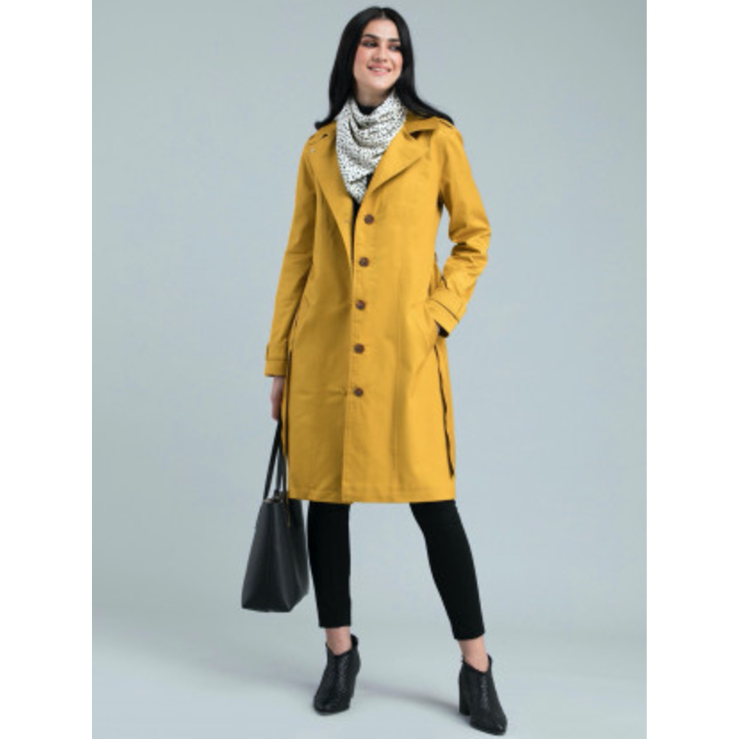 Womens Twill Lycra Belted Lapel Trench Coat Mustard
