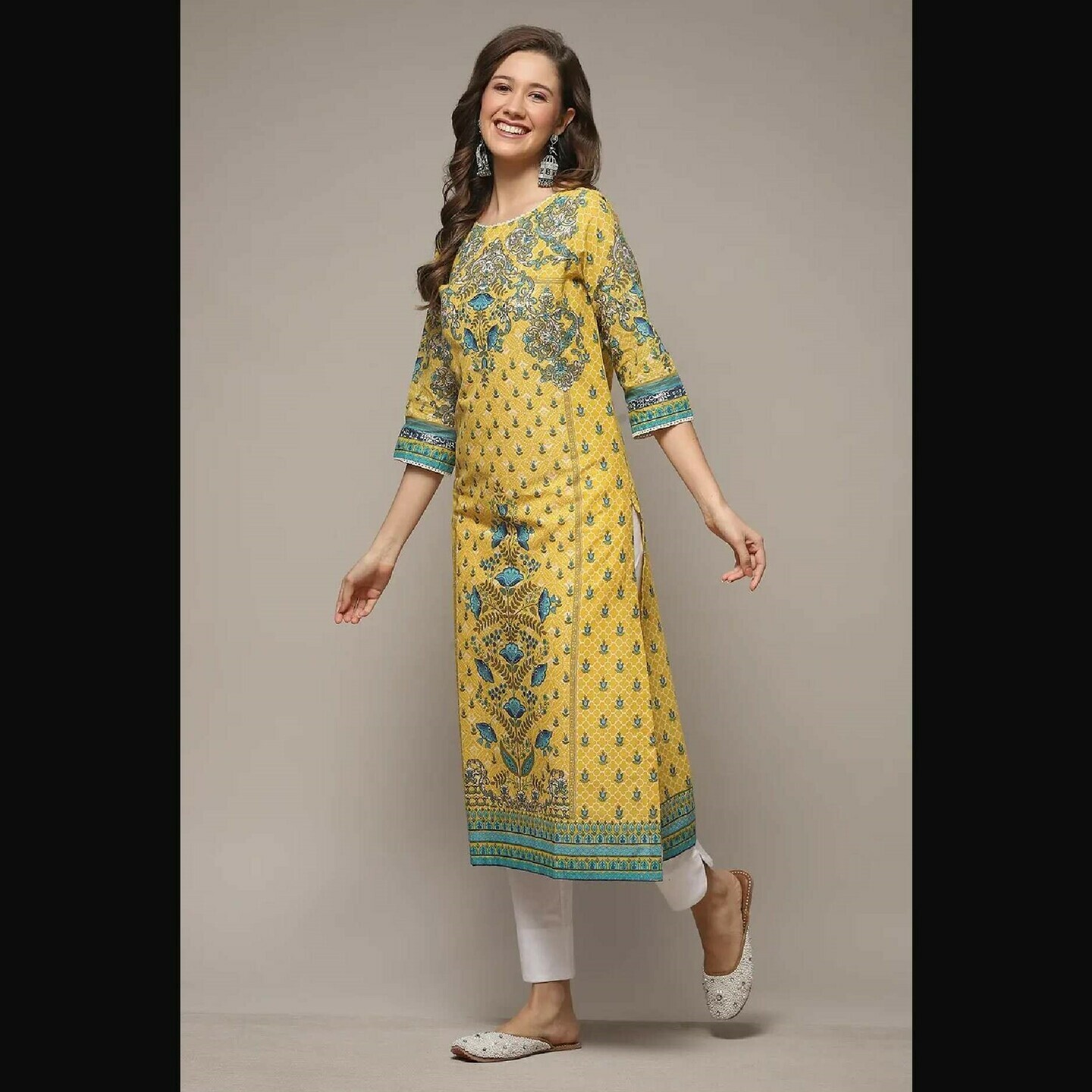 Yellow Cotton Straight Printed Kurta