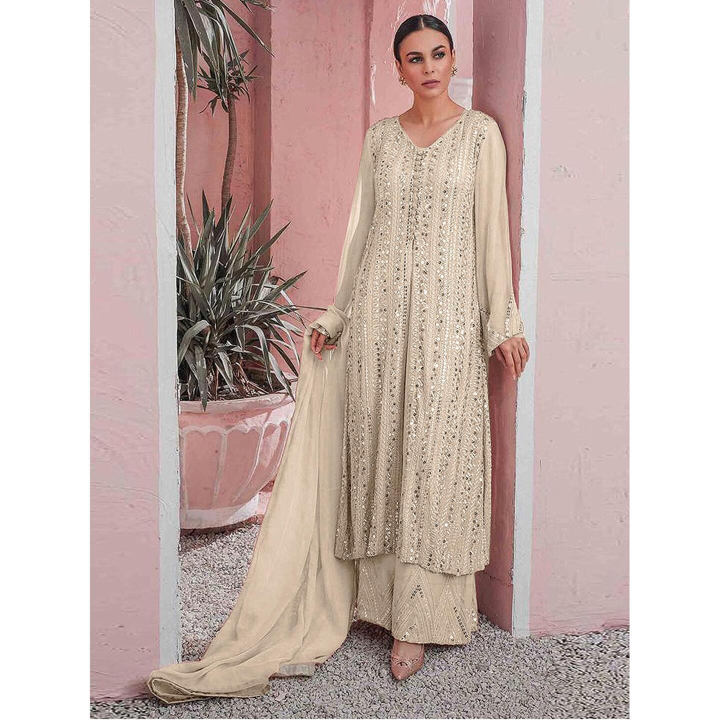 CREAM COLOR PARTY WEAR GEORGETTE SEMI-STITCHED SUIT 