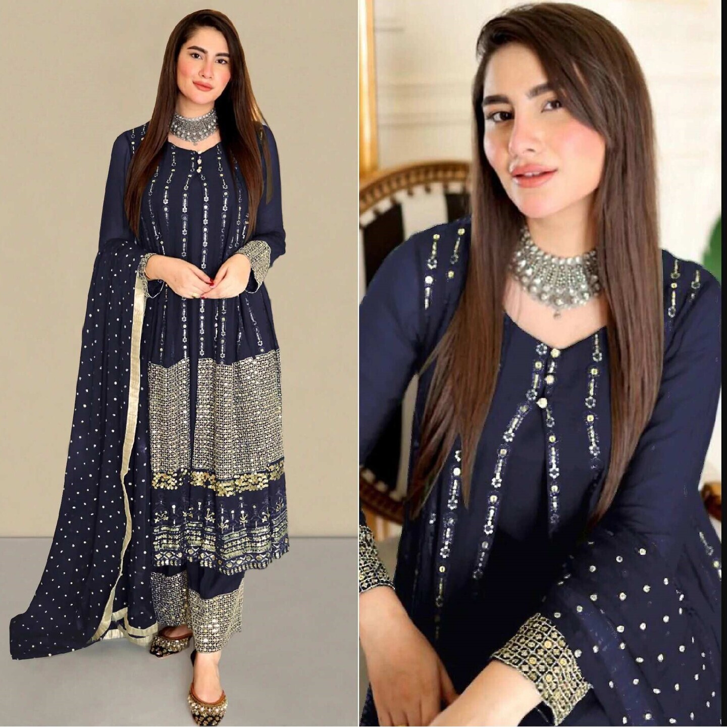 Blue Sequins Embroidered Georgette Pakistani Suit  Size-Semi-Stitched