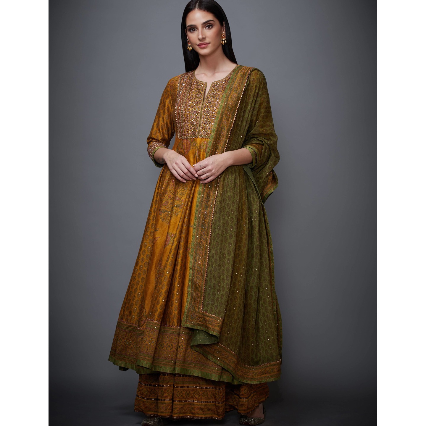 Mustard & Olive Green Kalash Gota Embroidered Suit Set