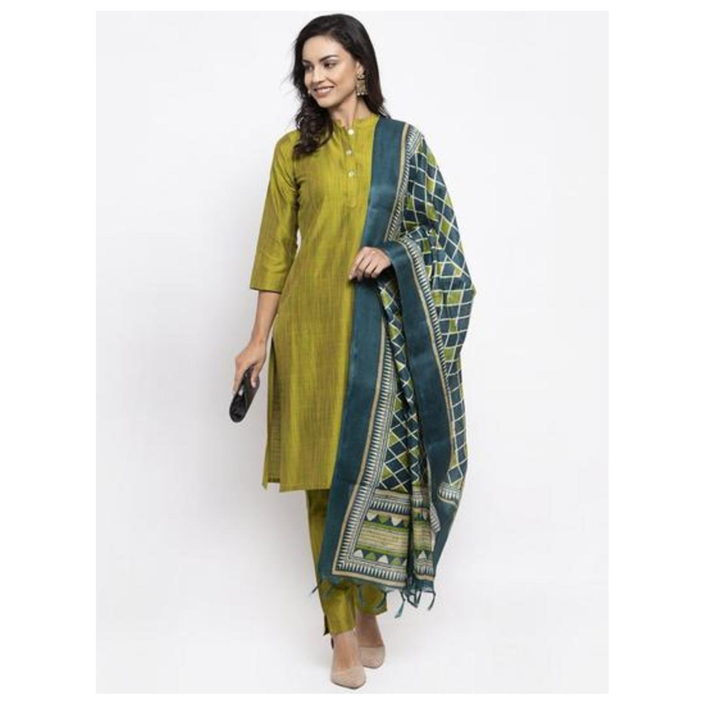 Women's Green Self Striped Kurta with Trousers & Art Silk Dupatta - Jompers-CUT SIZE